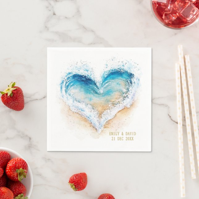 Beach Heart Shape Wave  Wedding Paper Napkin (Insitu)