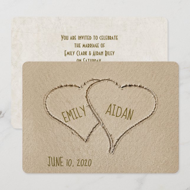 Beach Hearts in sand for wedding invite (Front/Back)