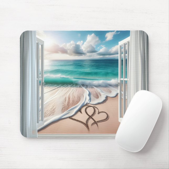 Beach Hearts In Sand Mouse Mat (With Mouse)
