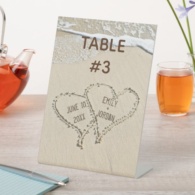 Beach Hearts in Sand Table Number Pedestal Sign (In SItu)