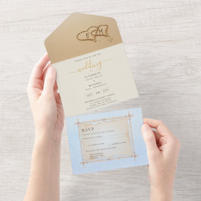 Beach Hearts in Sand Wedding Invite RSVP Details (Tearaway)