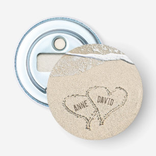 Beach Hearts In Sand with Names Bottle Opener