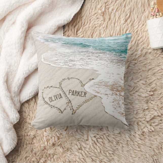 Beach Hearts In Sand With Names Cushion (Blanket)