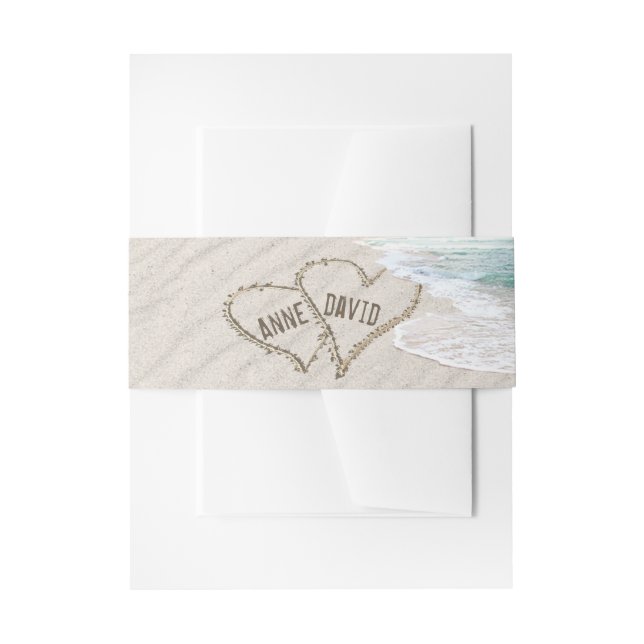Beach Hearts In Sand with Names Invitation Belly Band (Front Example)