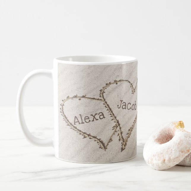 Beach Hearts in Sand with Quote Coffee Mug (With Donut)