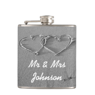 Beach hearts Mr and Mrs wedding drink flask