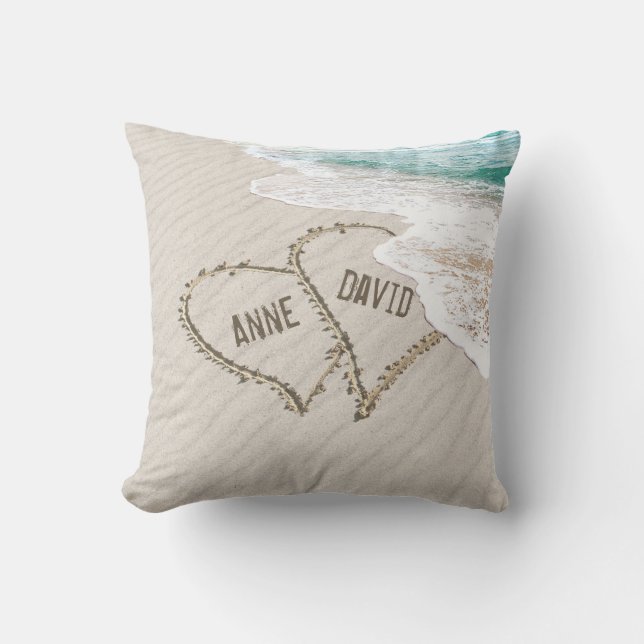 Beach Hearts On Sand with Names Cushion (Front)