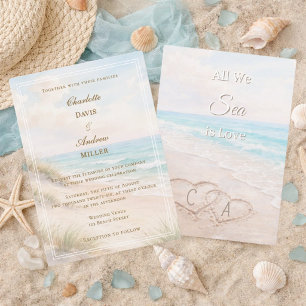 Beach hearts sand initials wedding invitation