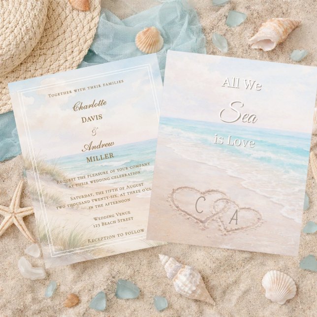Beach hearts sand initials wedding invitation (Creator Uploaded)