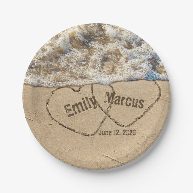 Beach hearts with names in sand for wedding paper plate (Front)