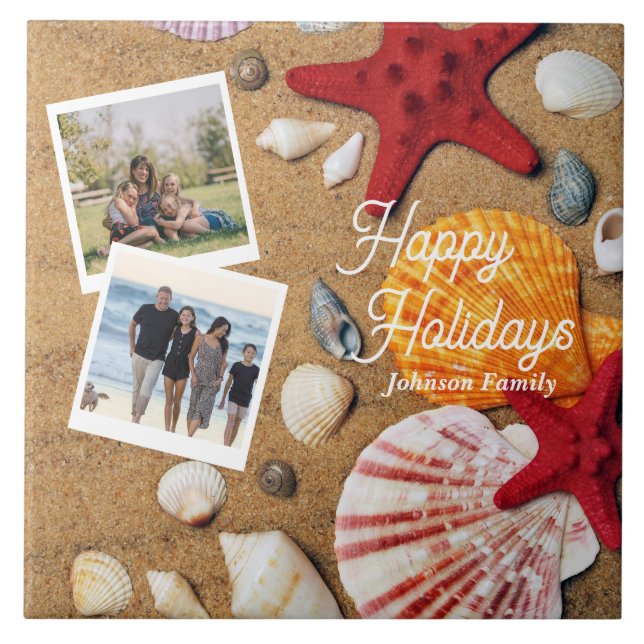 Beach Holiday Coastal Sand Seashells Family Photo Tile (Front)