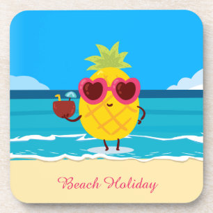Beach holiday pink yellow pineapple cute cartoon  coaster