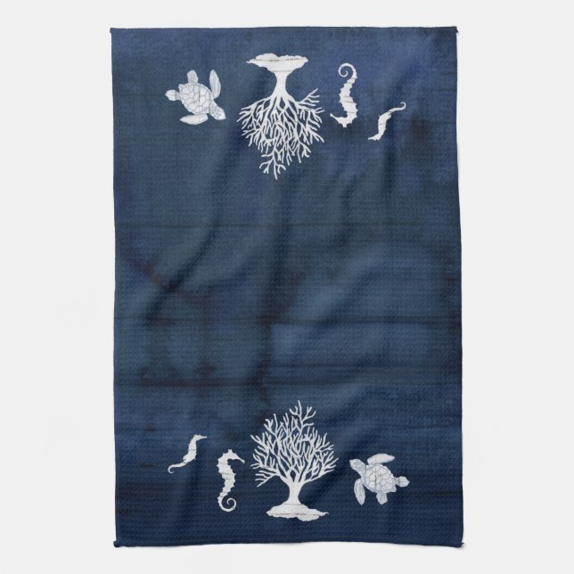 Beach Home Bath Navy White Seahorse Turtle Coral Tea Towel (Vertical)