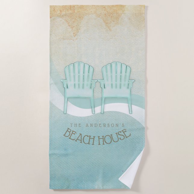 Beach House Adirondack Chairs Aqua Blue ID623 Beach Towel (Front)