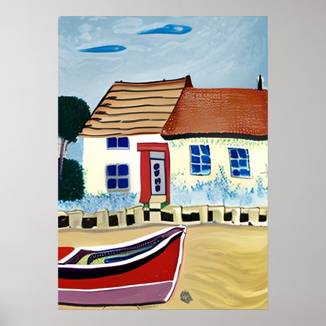 Beach House and Boat Abstract Illustration Poster (Front)