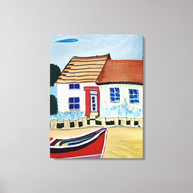 Beach House and Boat on Sandy Beach Canvas Print (Front)