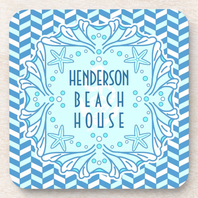 Beach House Art Deco Shell and Herringbone Custom Coaster (Front)