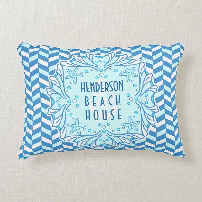 Beach House Art Deco Shell and Herringbone Custom Decorative Cushion (Front)