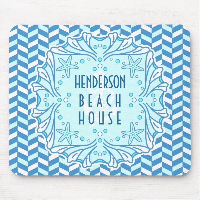 Beach House Art Deco Shell and Herringbone Custom Mouse Mat (Front)