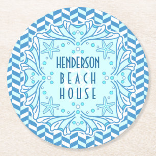 Beach House Art Deco Shell and Herringbone Custom Round Paper Coaster