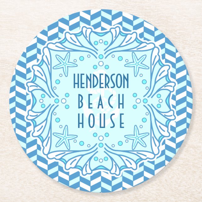 Beach House Art Deco Shell and Herringbone Custom Round Paper Coaster (Front)