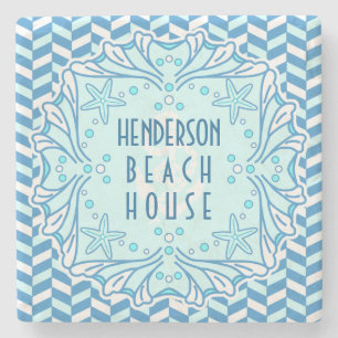 Beach House Art Deco Shell and Herringbone Custom Stone Coaster