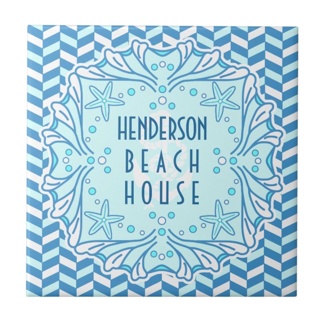 Beach House Art Deco Shell and Herringbone Custom Tile (Front)