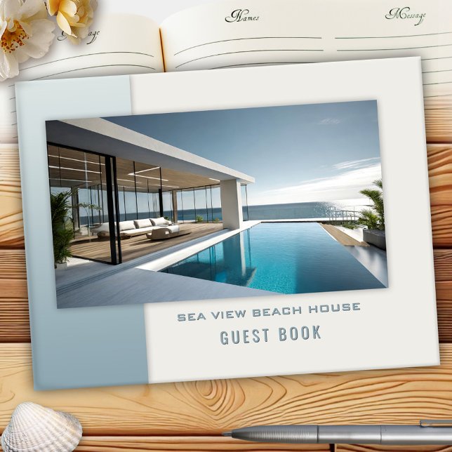 Beach House B and B Rental Photo Guest Book (Beach house guest book featuring your custom photo framed by a minimalist blue and ivory design)