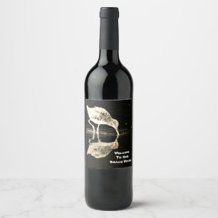 Beach House Bird Reflection Black and White Modern Wine Label