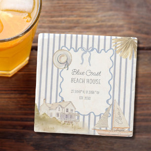 Beach House Blue Coastal Chic Blue Stripes Stone Coaster
