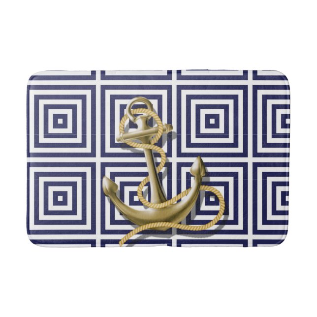Beach House blue Greek Pattern Nautical Anchor Bath Mat (Front)