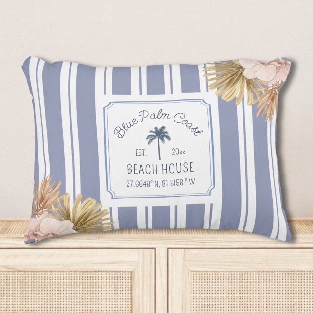 Beach House Blue Stripes Coastal Boho Farmhouse Decorative Cushion (In situ)
