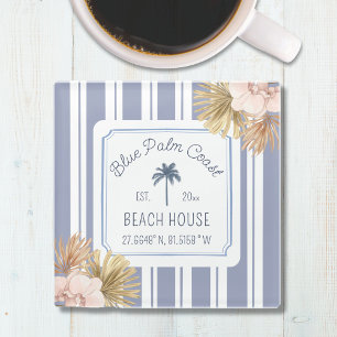 Beach House Blue Stripes Coastal Boho Farmhouse Glass Coaster