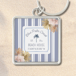 Beach House Blue Stripes Coastal Boho Farmhouse Key Ring