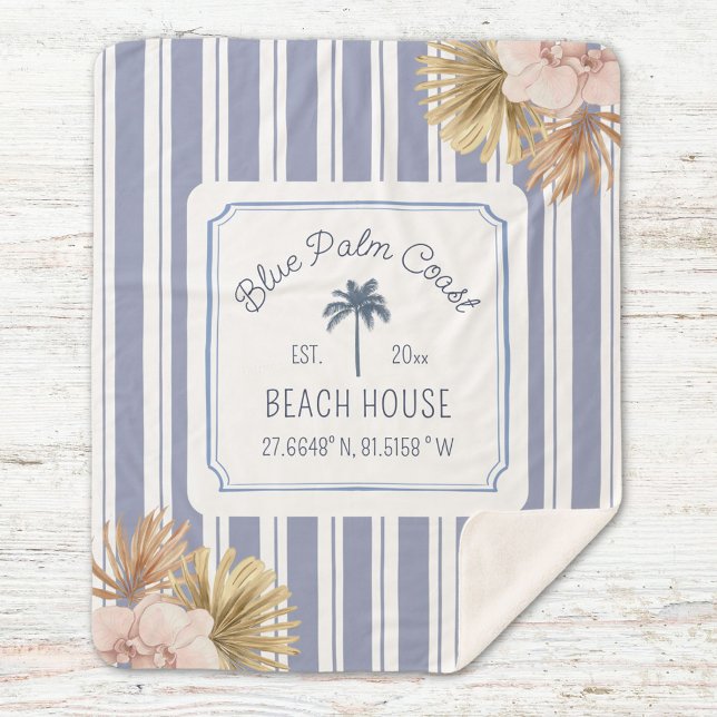 Beach House Blue Stripes Coastal Boho Farmhouse Sherpa Blanket (Close up)