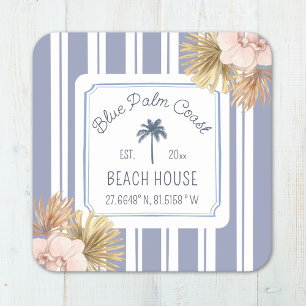 Beach House Blue Stripes Coastal Boho Farmhouse Square Paper Coaster
