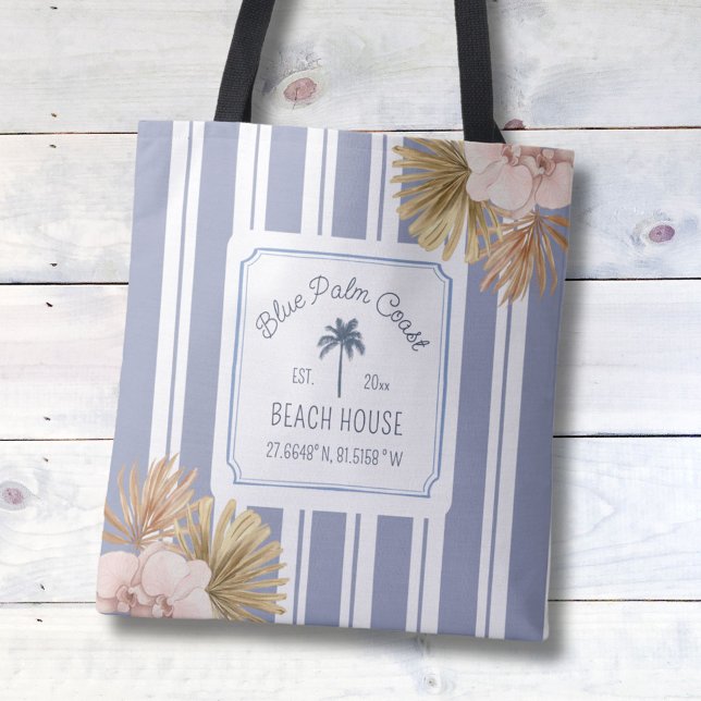 Beach House Blue Stripes Coastal Boho Farmhouse Tote Bag (Close up)
