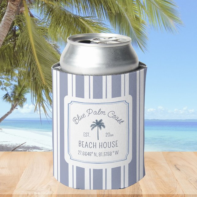 Beach House Blue Stripes Coastal Farmhouse Can Cooler (In situ)