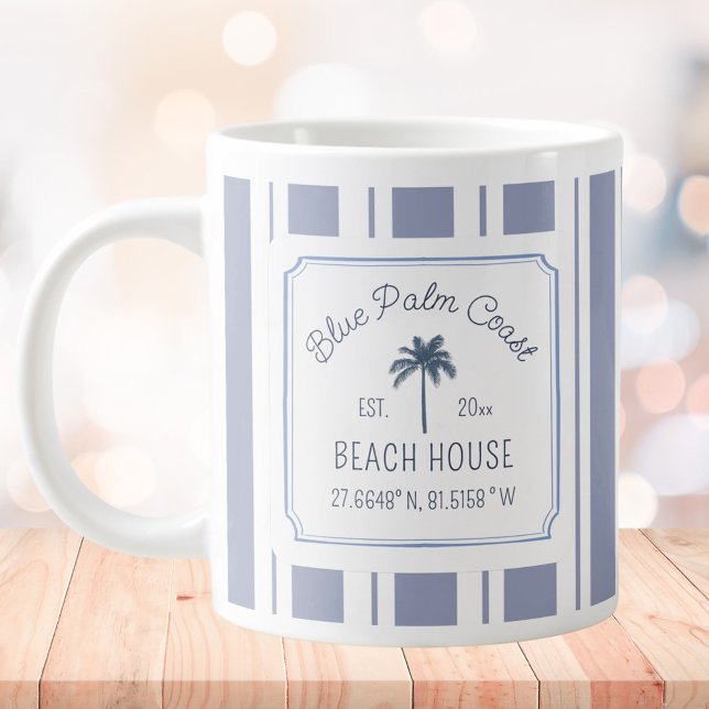 Beach House Blue Stripes Coastal Farmhouse Large Coffee Mug (In situ)
