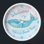Beach House Blue Whale Nautical Whalecome | Name Clock<br><div class="desc">You won't find a more strikingly beautiful, personalised beach house design than this "Whalecome" one with an original drawing of a blue whale on a light watercolor background. The gorgeous whale is made in shades of teal and golden beige. The background has light hints of blues and pinks. Celebrate the...</div>
