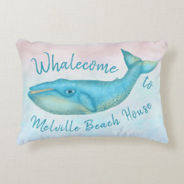 Beach House Blue Whale Nautical Whalecome | Name Decorative Cushion
