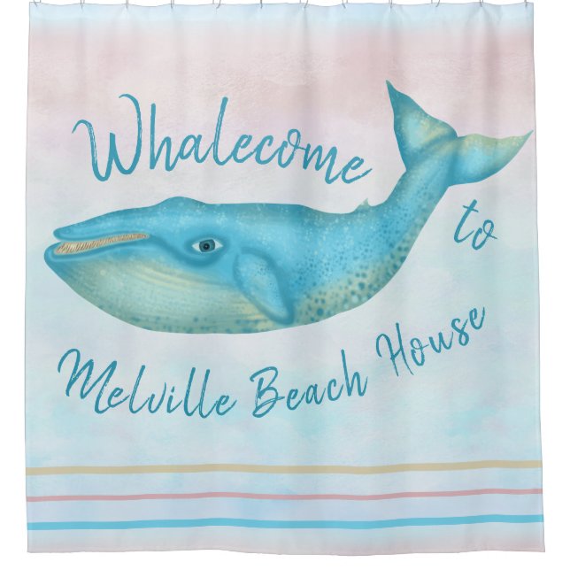 Beach House Blue Whale Nautical Whalecome | Name Shower Curtain (Front)