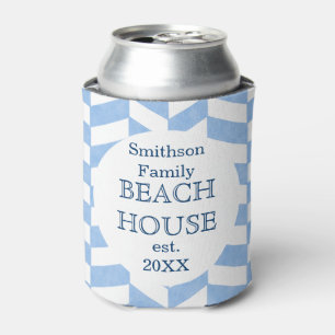 Beach House Blue White Herringbone   Custom Name Can Cooler