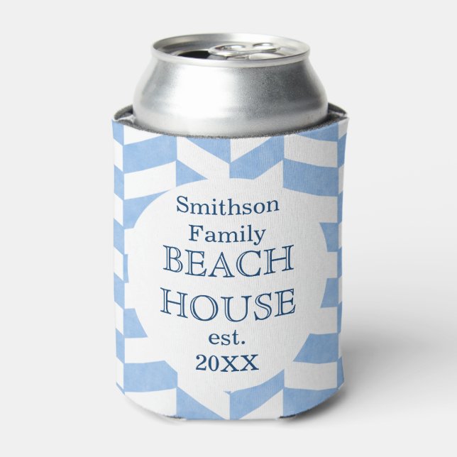Beach House Blue White Herringbone | Custom Name Can Cooler (Can Front)