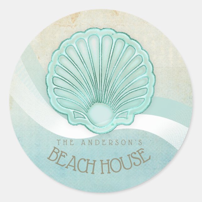 Beach House Clam Shell Aqua Blue ID623 Classic Round Sticker (Front)