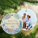 Beach House Coastal Christmas Photo Ceramic Tree Decoration<br><div class="desc">This Beach House coastal Christmas ornament has the family name and year on the front, with a family photo on the back. The coastal design features a watercolor underwater coral reef, with a cute seahorse, crab, seaweed and coral, starfish and seashells. If you need more matching products, please visit the...</div>