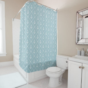 Beach House Coastal Duck Egg Blue Nautical Anchors Shower Curtain