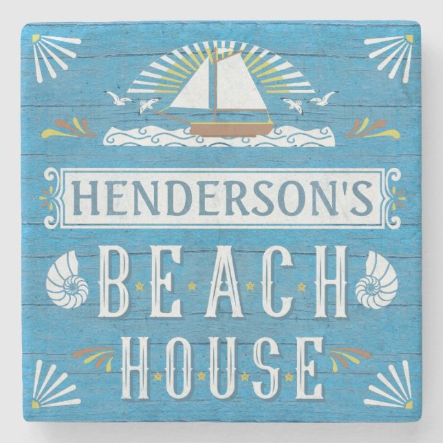 Beach House Coastal Nautical Sailboat Custom Name Stone Coaster (Front)