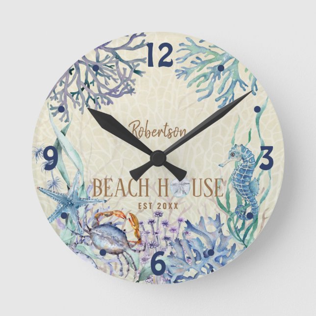 Beach House Coastal Ocean Personalised Round Clock (Front)