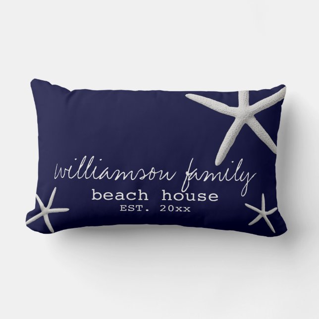 Beach House Coastal Starfish Navy Blue Lumbar Cushion (Front)